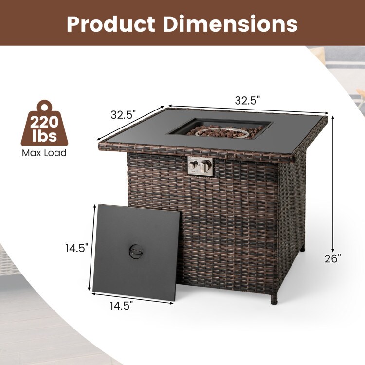 32.5 Inch Outdoor Propane Fire Pit Table – Tempered Glass Top, 50,000 BTU