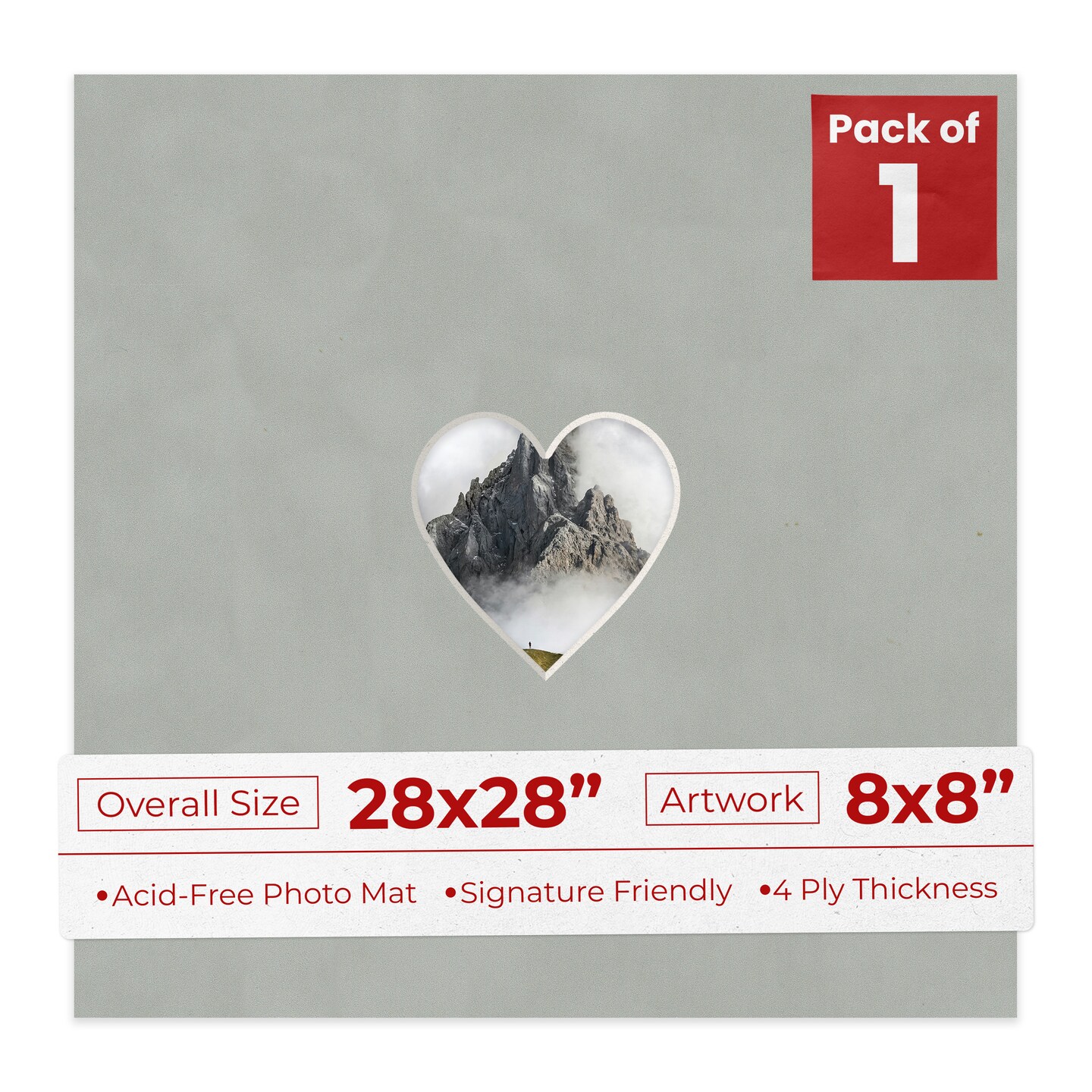 Light Grey Suede Mat Board for 28x28 Frames - Heart Opening for 8x8 Photos