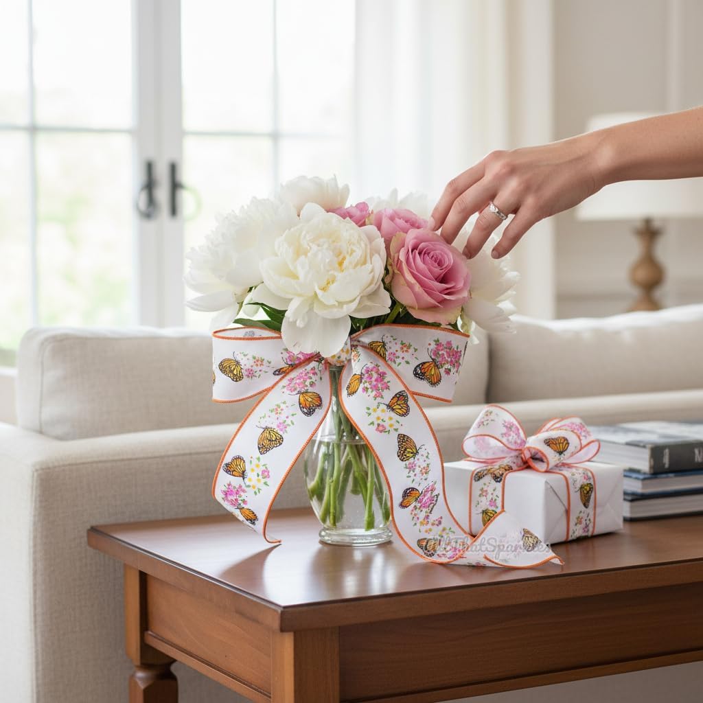 RG Ribbon: 2.5" Butterfly and Flower Print Wired Edge Ribbon for Bows, Wreaths, Crafts and Decorations