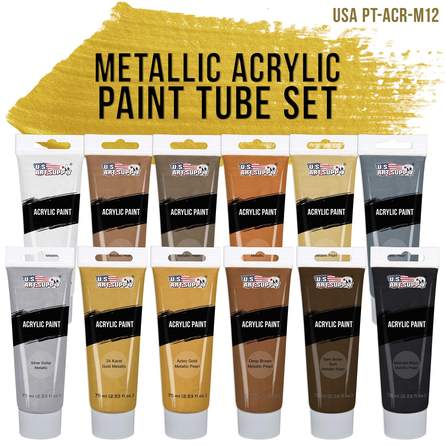 U.S. Art Supply 12-Color Metallic Acrylic Paint Set - 75ml Tubes - Acrylic Paint for Canvas Painting, Wood Crafts & Rock Painting