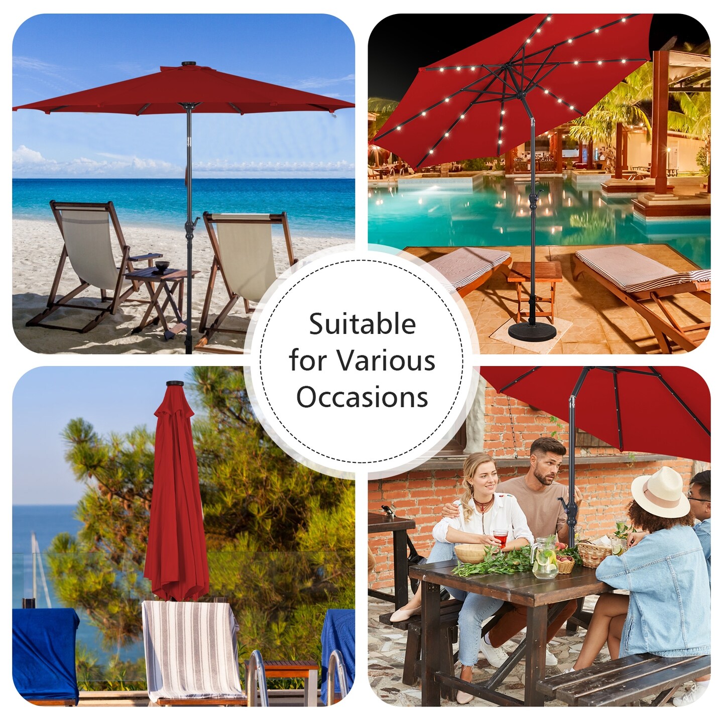 Solar LED Patio Umbrella Tilt Steel Frame Polyester Fabric Outdoor