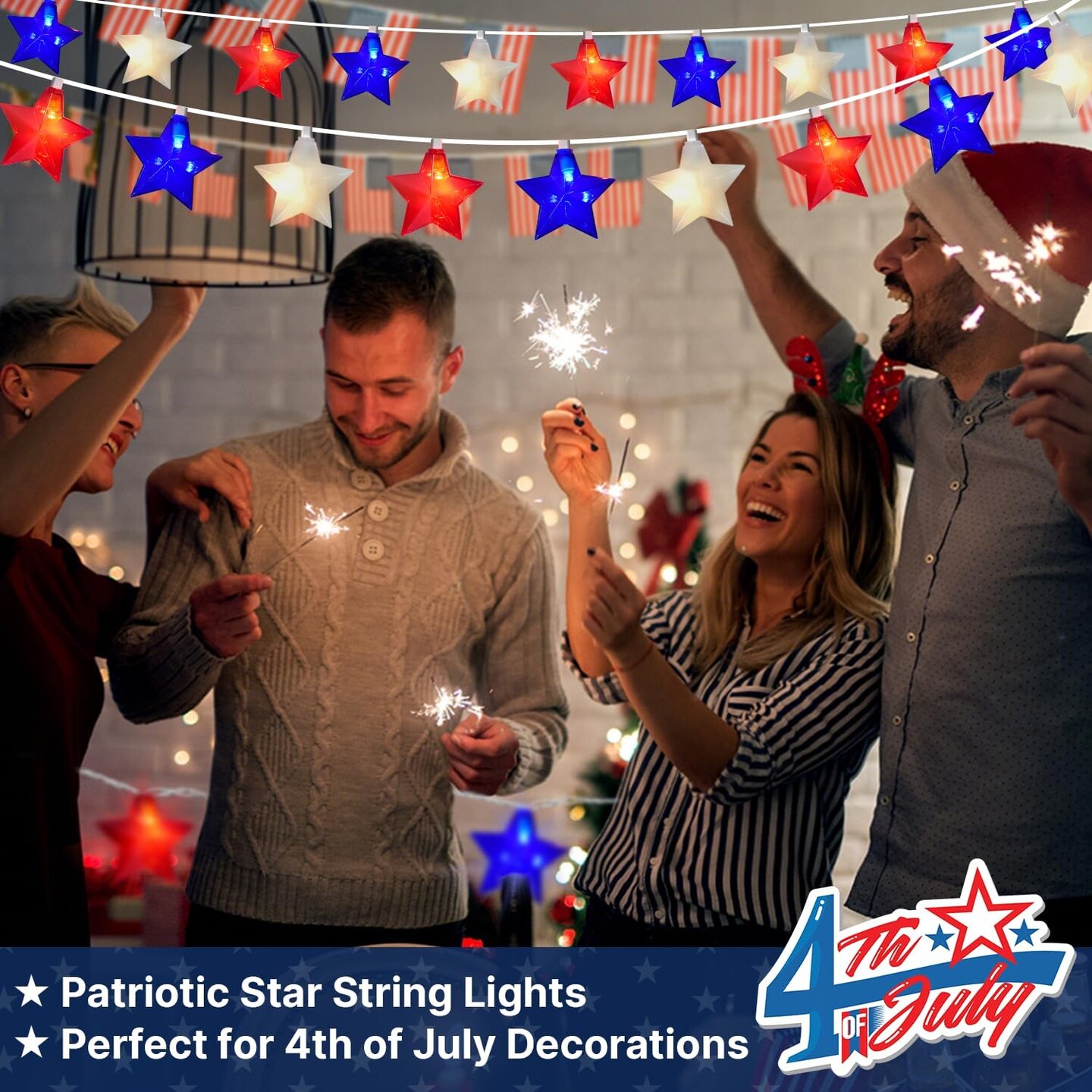 4th of July Lights - 20 LED Red White Blue Star Lights String Plug in, for Memorial Day 4th of July Decorations
