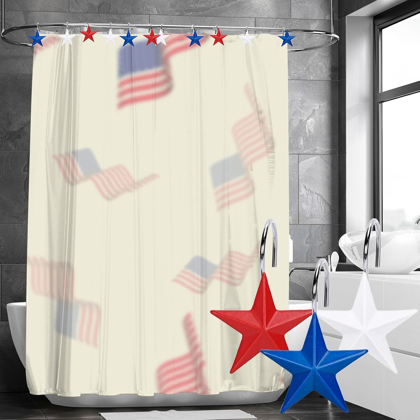 12Pcs Patriotic Stars Shower Curtain Hooks 4th of July Independence Day Decorative(Red, White, and Blue)