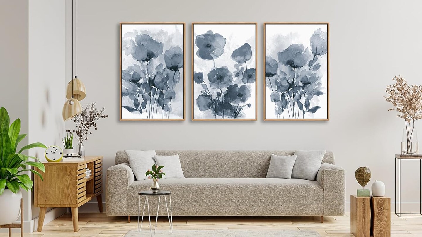 Botanical Framed Wall Art - Abstract Watercolor Style Pictures Grey Blue Floral Wall Decor ( 16&#x22; x 24&#x22; Set of 3 Natural Framed)