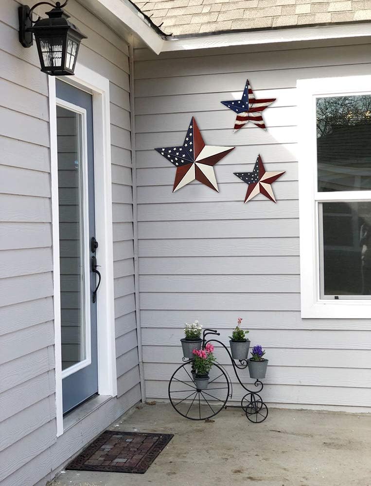 Metal Barn Star, American Patriotic American Flag Wall Decoration Outdoor Indoor Hanging Wall Art 4th of July Memorial Day Veterans Day Gift for Man Star Ornament Home Decor 12 Inch(C)