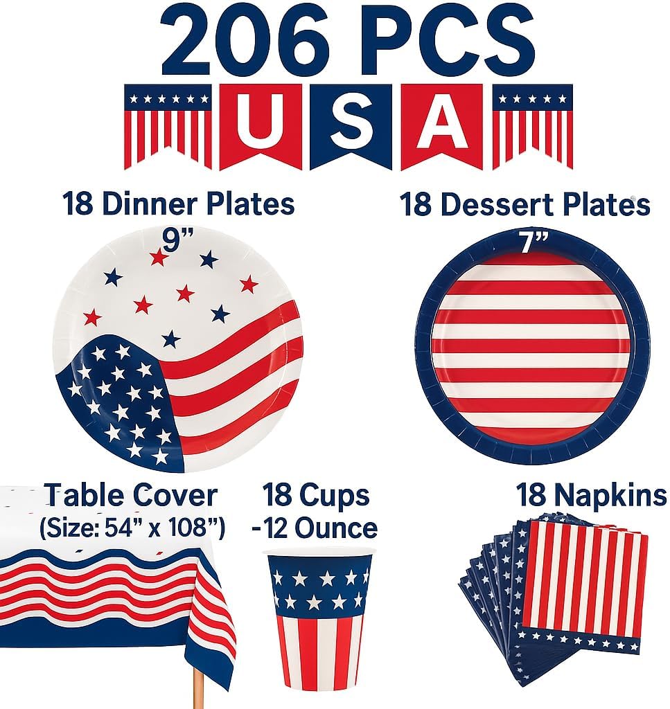 4th of July Party Set for 18 – Plates, Cups, Napkins, Table Cover & Banner, USA Flag BBQ Decor