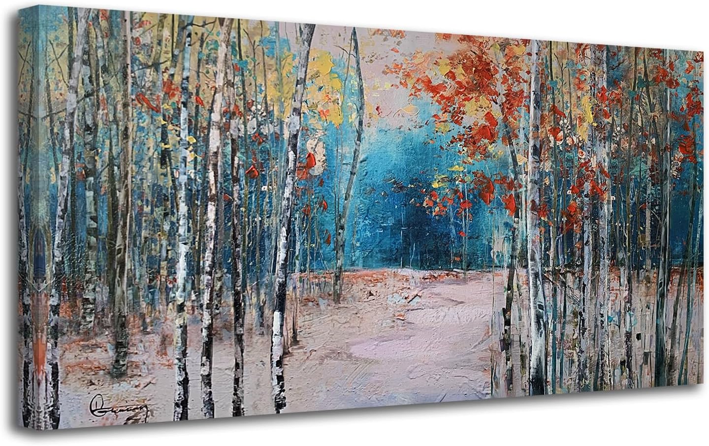 White Birch Tree Canvas Wall Art Blue Forest Painting Landscape Picture (48"x24")