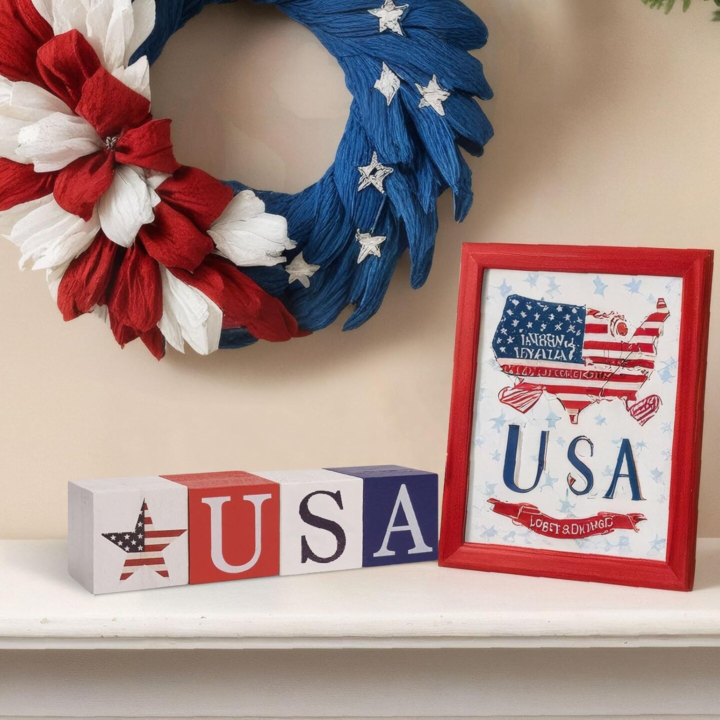 Wooden 4th of July Table Decorations for Home, 4pcs Double Sided Patriotic USA Stars Sign Wood Blocks