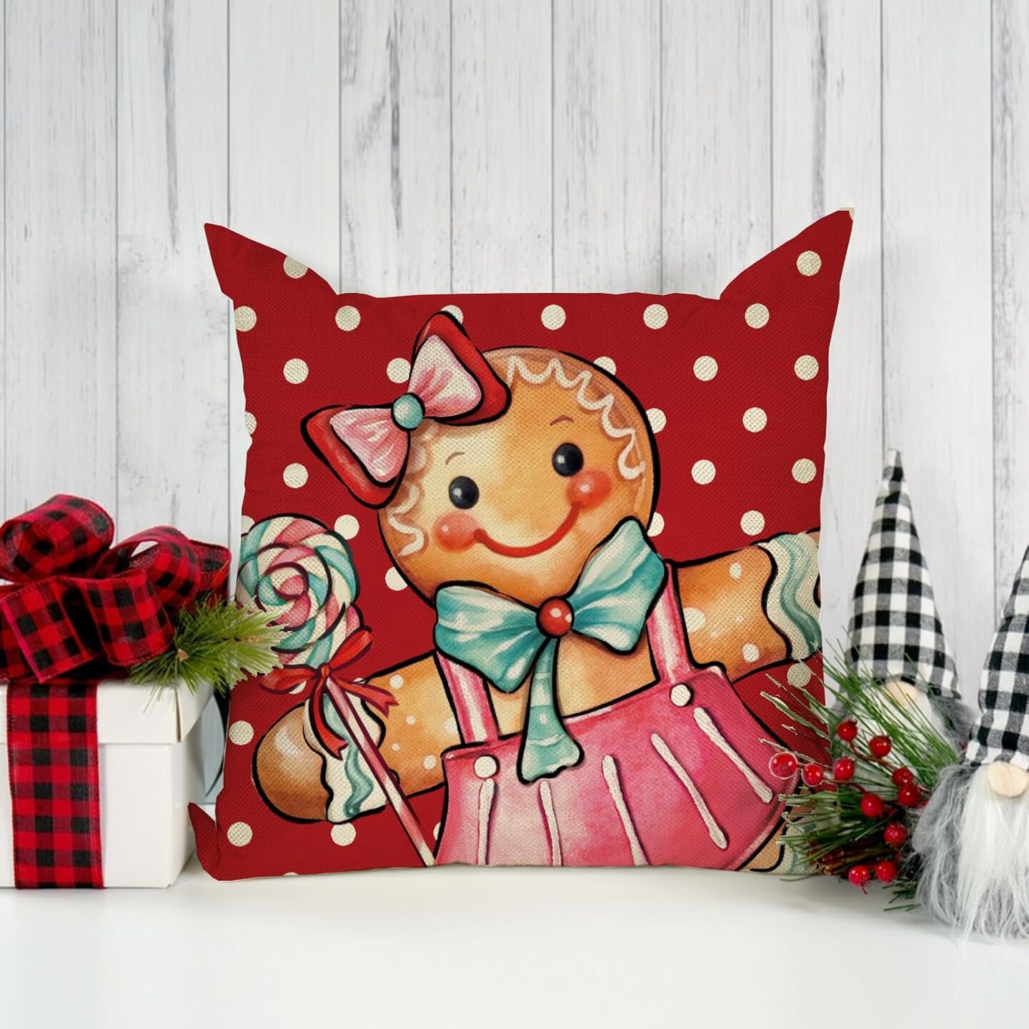 Merry Christmas Gingerbread Man Decorative Throw Pillow Covers 18x18 Set of 4, Xmas Peppermint Candy Polka Dot Stripe Red Cushion Case Decor, Holly Jolly Winter Holiday Home Decoration for Sofa