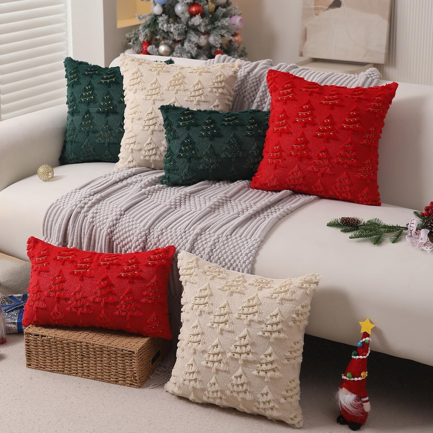 Christmas Pillow Covers 18x18 inch Set of 2 Christmas Decorations Soft Plush Faux Fur Beige Christmas Tree Embroidered Christmas Lights Throw Pillow Covers Winter Holiday for Sofa Living Room