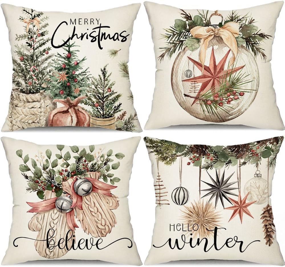 Christmas Pillow Covers 18x18 inch Set of 4 Christmas Tree Gloves Hello Winter Decorative Throw Pillow Covers Winter Farmhouse Decoration for Home Couch 134