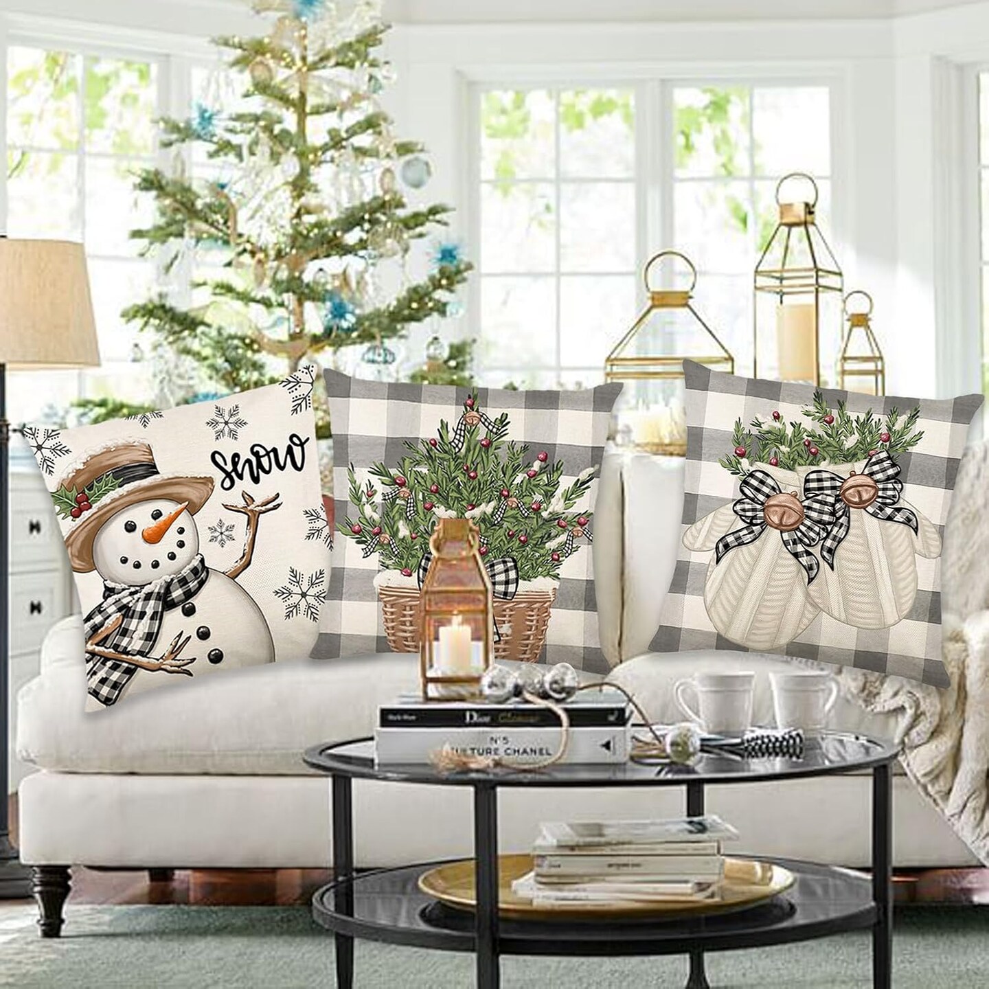 Christmas Pillow Covers 18 x18 Inch Set of 4 Christmas Snowman Reindeer Gloves Eucalyptus Throw Pillow Covers Winter Holiday Cushion Case for Home Couch