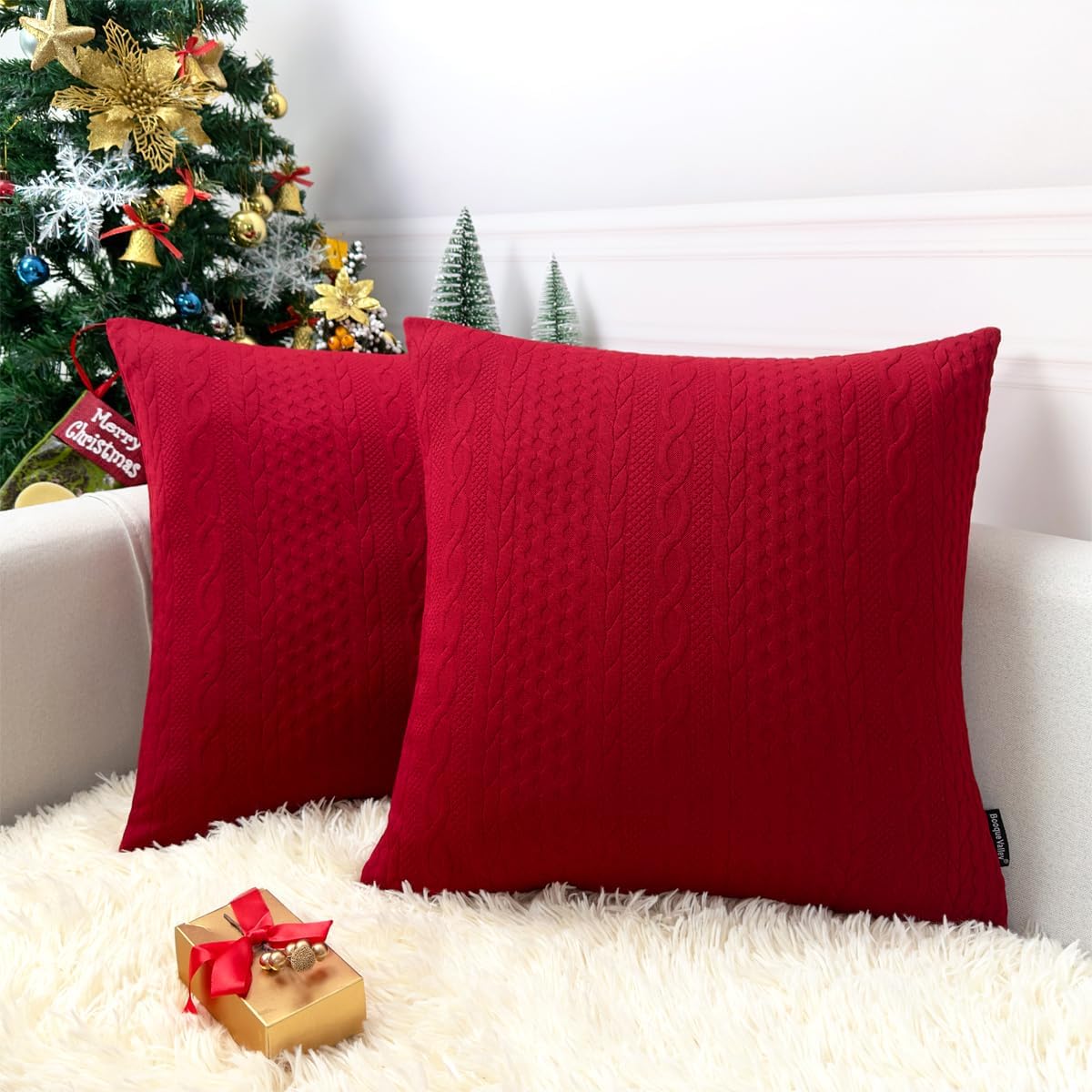 Christmas Pillow Covers, Pack of 2 Super Soft Elegant Modern Patterned Red Cushion Covers Decorative Stretchy Throw Pillow Cases for Sofa Bed Car Chair, 18 x 18 inch(Red)