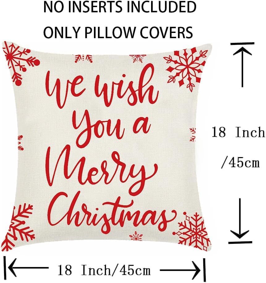 Christmas Throw Pillow Covers 18x18, Christmas Pillows Cover for Patio Couch, Reindeer Snowflake Merry Christmas Holiday Xmas Winter Pillow Case for Christmas Decoration, 4 Pack