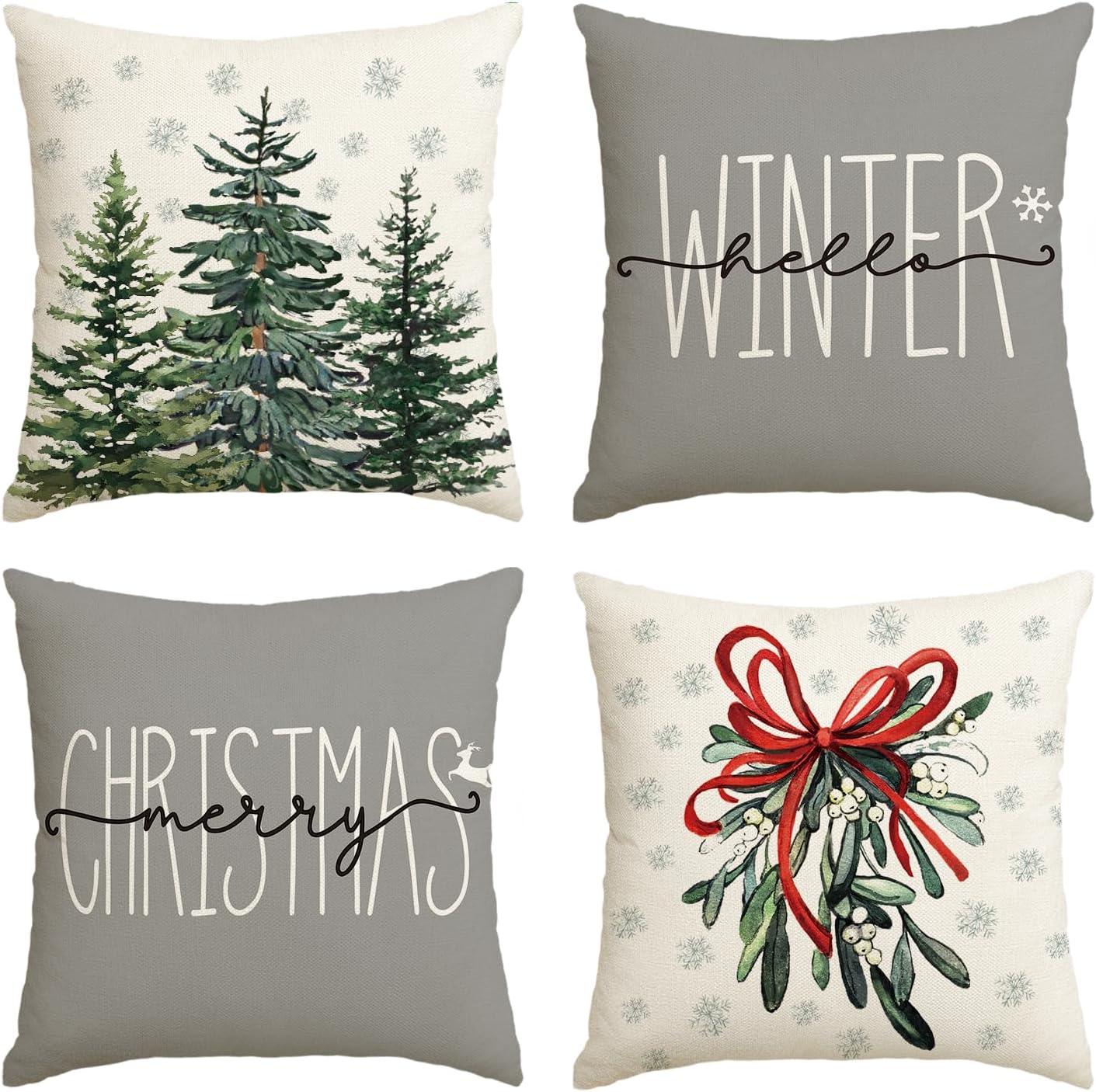 Merry Christmas Tree "Hello Winter" Throw Pillow Covers 18x18 Inch, Mistletoe & Pine Holiday Cushion Cases for Sofa & Couch, Set of 4