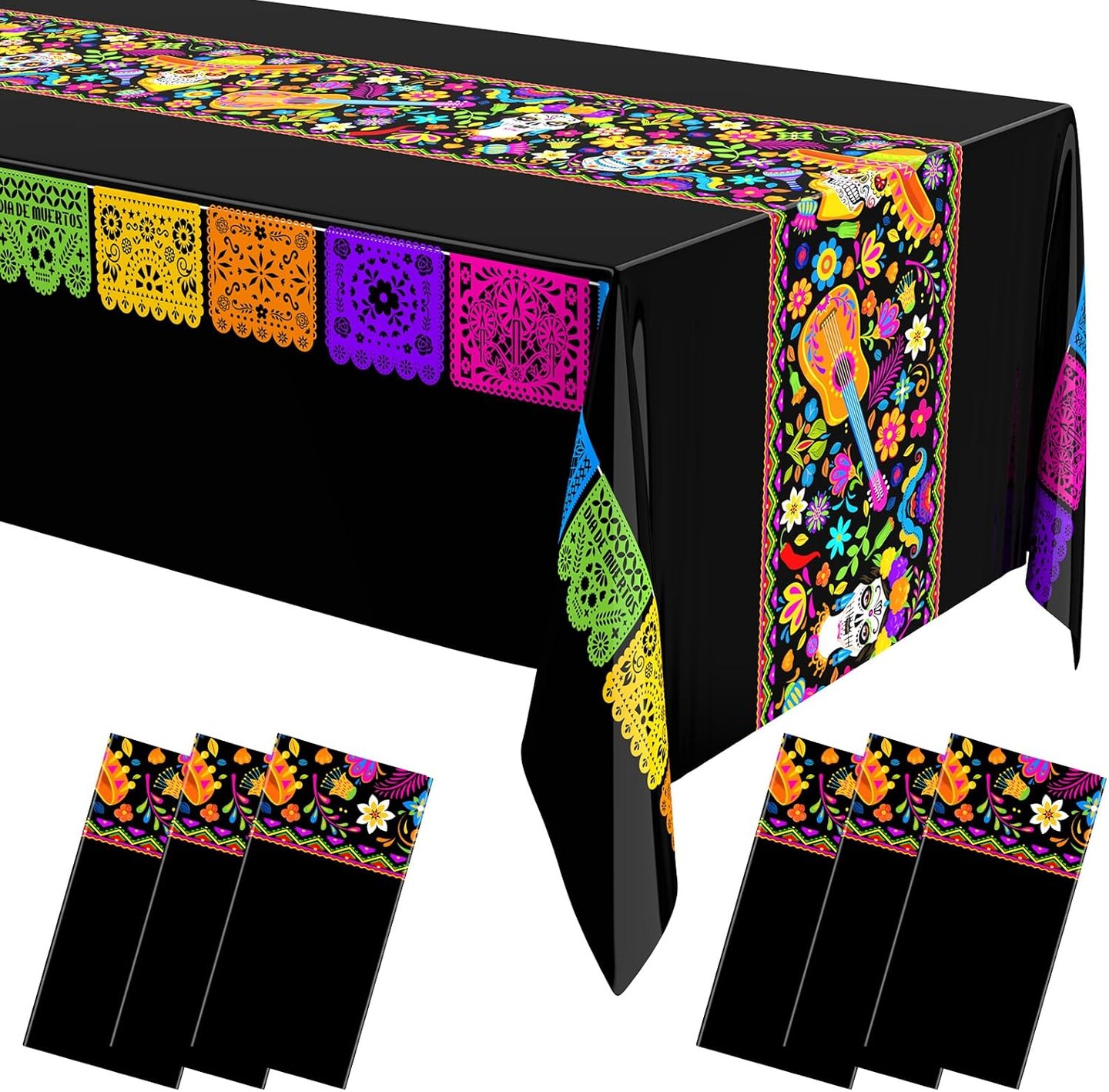 6 Pcs Day of The Dead Plastic Tablecloths 54 x 108 Inch(Black)
