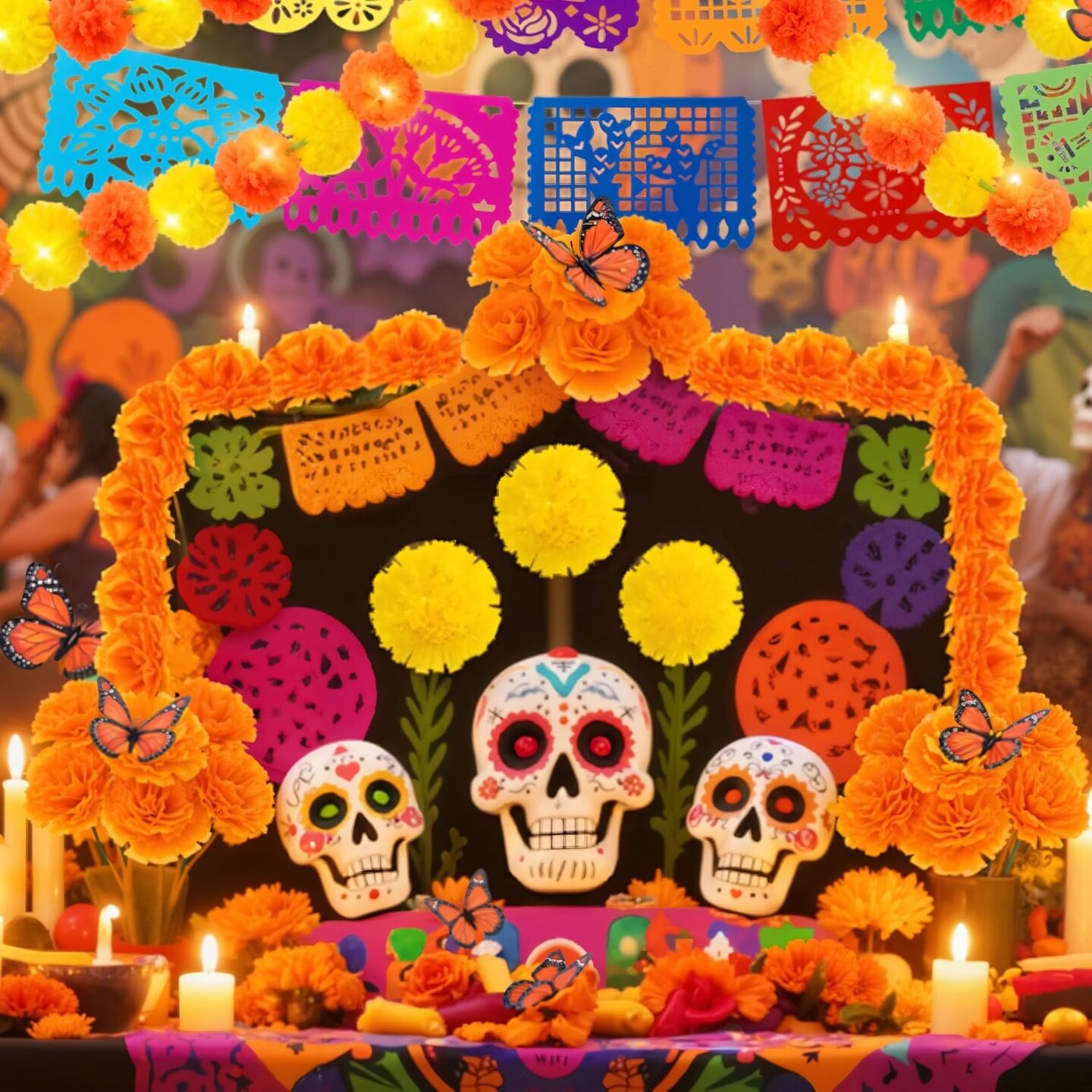 85 Pcs Day of the Dead Decorations Set with Lights(Orange and Yellow)