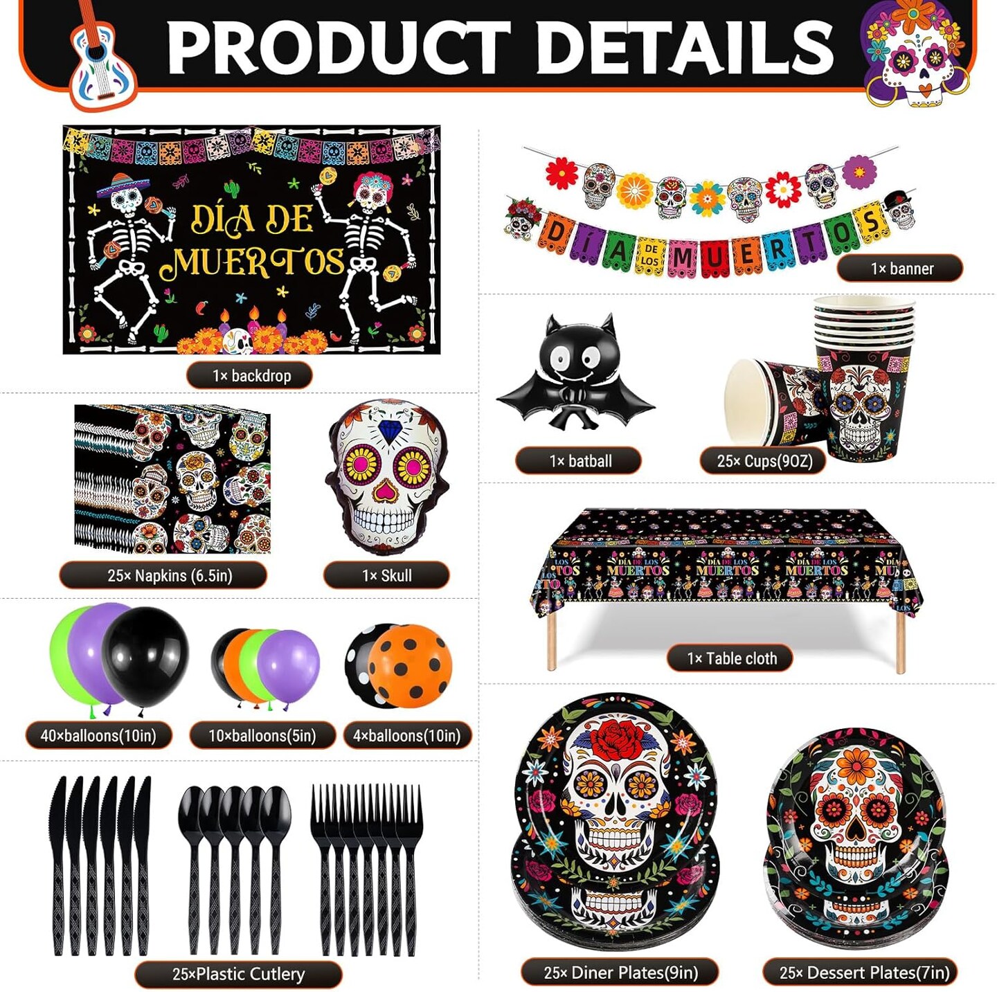 Day of the Dead Party Decorations Día de los Muertos Party Supplies(Multicolor)