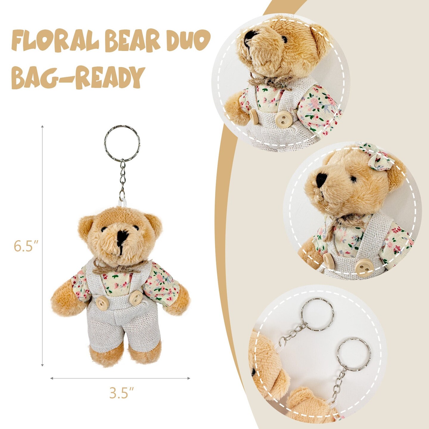 Wrapables Country Floral Plush Stuffed Animal Doll Keychain Bag Charm (Set of 2), Bear Couple