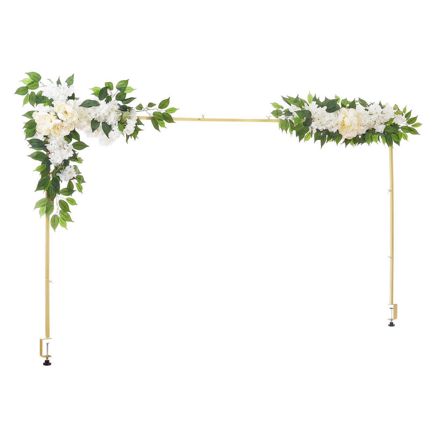 Gold Steel Adjustable Tabletop Arch Stand with C-Clamps and Flowers