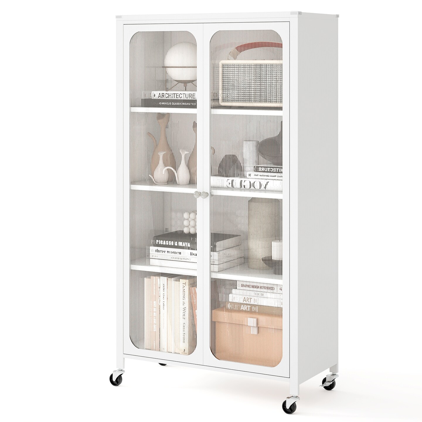 White 58" Adjustable Shelf Bookcase Rolling Design with Lockable Wheels