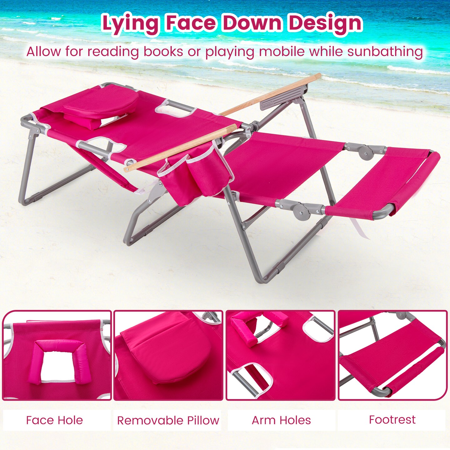 Face Down Folding Beach Chair 3 in 1 Adjustable Recliner with Face Hole