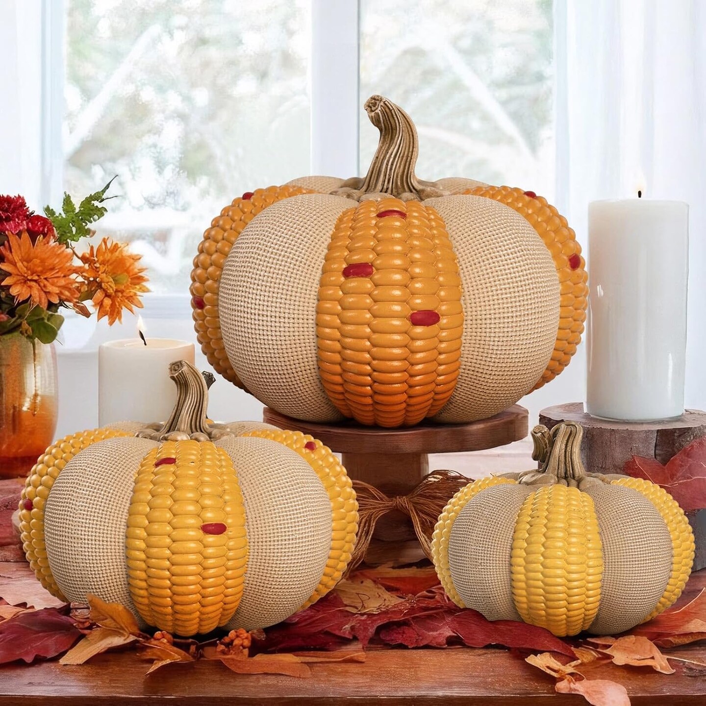 Set of 3 Decorative Stackable Pumpkins, Fall Harvest Thanksgiving Pumpkin Decorating
