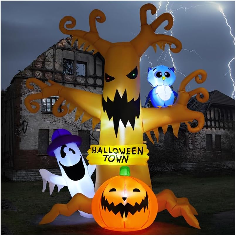 GOOSH 8 FT Halloween Inflatables Dead Tree with Owl Ghosts and Pumpkins with Built-in LED Lights
