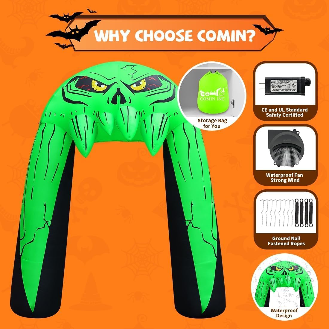 GOOSH 10 FT Halloween Inflatables Archway Blow Up Yard Monster Mouth Archway with Built-in LEDs