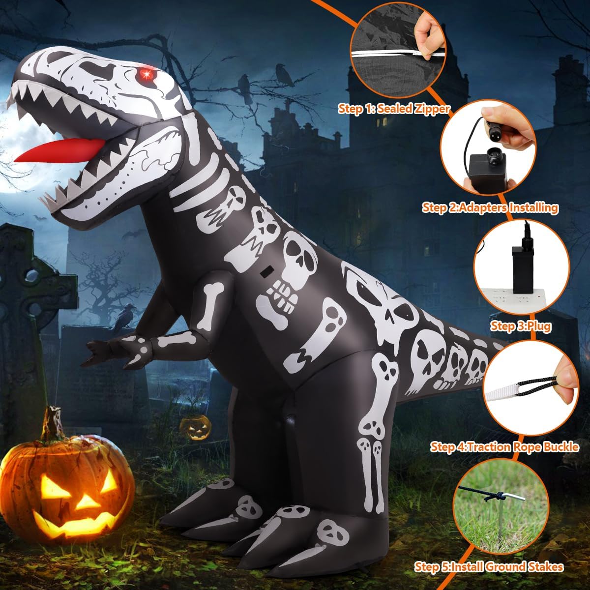 GOOSH 8 FT Long Halloween Inflatables Blow Up Dinosaur Skeleton with Built-in LEDs