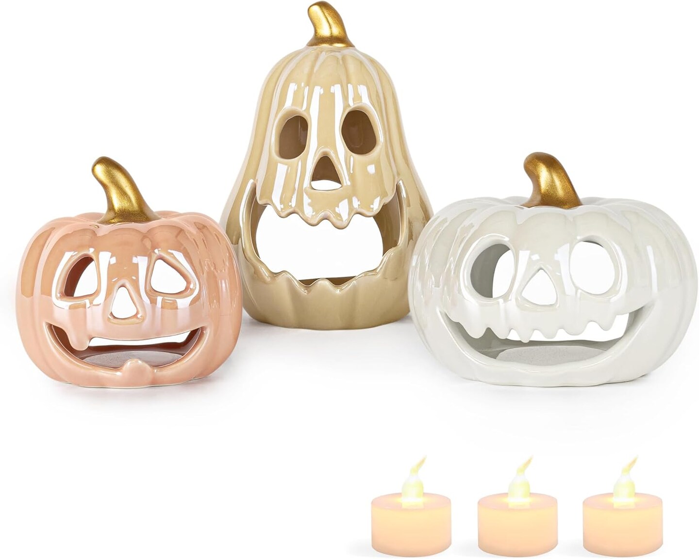 Set of 3 -Ceramic Pumpkin with 3 Tea Lights, Jack-O-Lantern Candle Holder