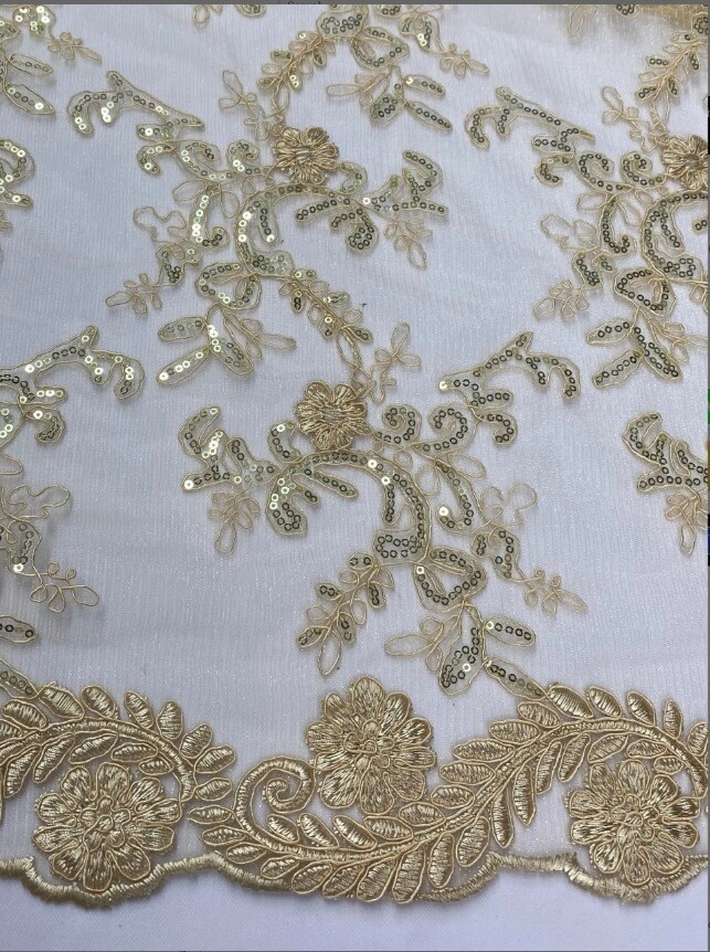 1 Yard Beige Corded Mesh Lace Fabric with Sequins Double Scalloped Embroidery, 54” Wide