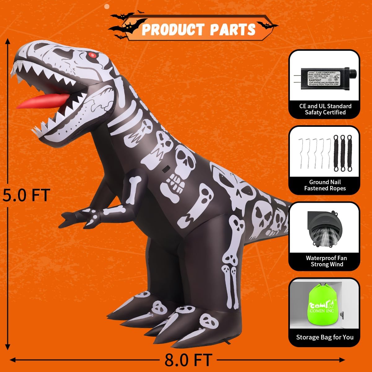 GOOSH 8 FT Long Halloween Inflatables Blow Up Dinosaur Skeleton with Built-in LEDs