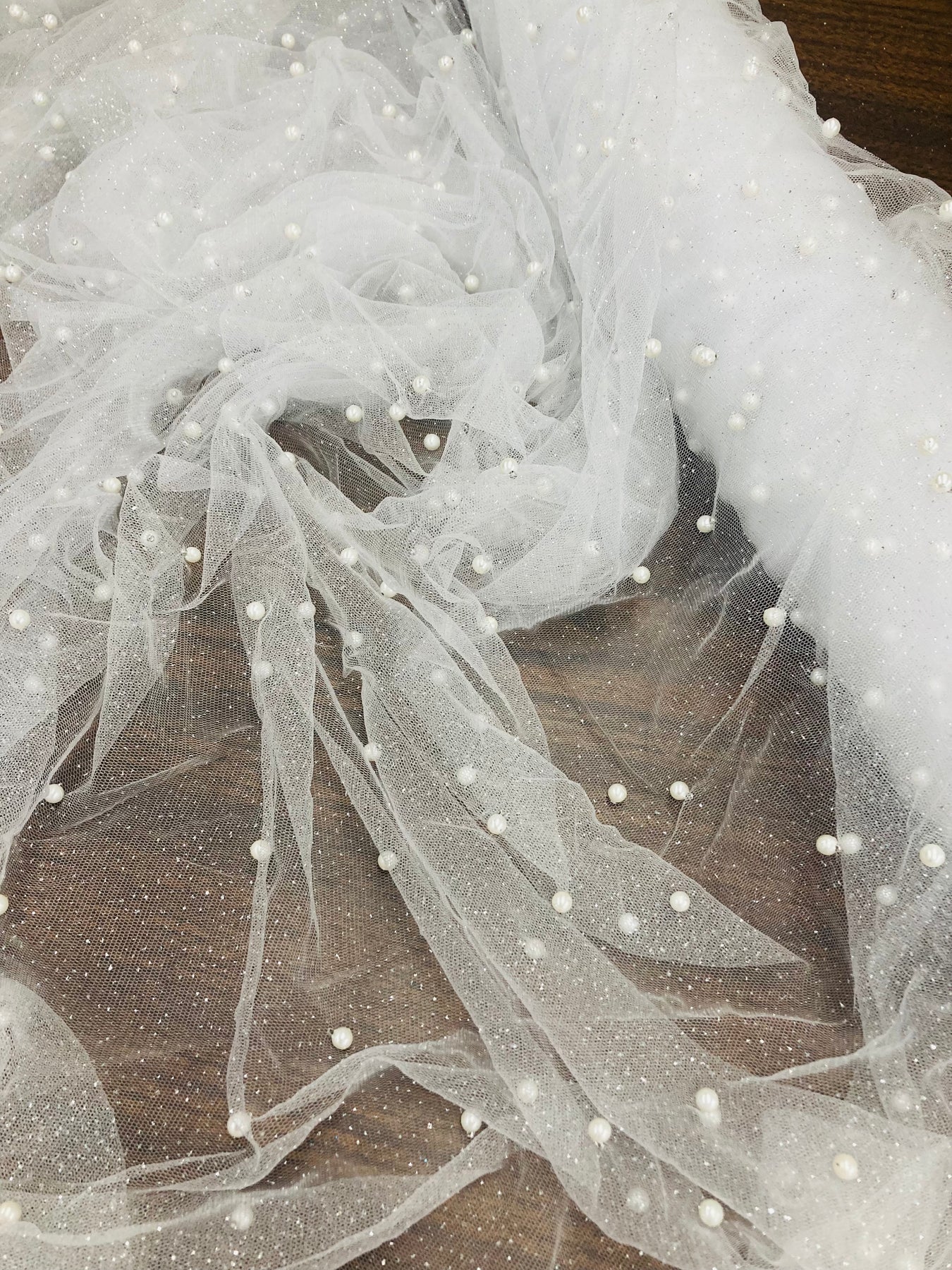 1 Yard Glitter Mesh Fabric with Scattered Pearls 2-Way Stretch 60&#x22; Wide Soft Tulle for Gowns, Veils &#x26; Couture Projects