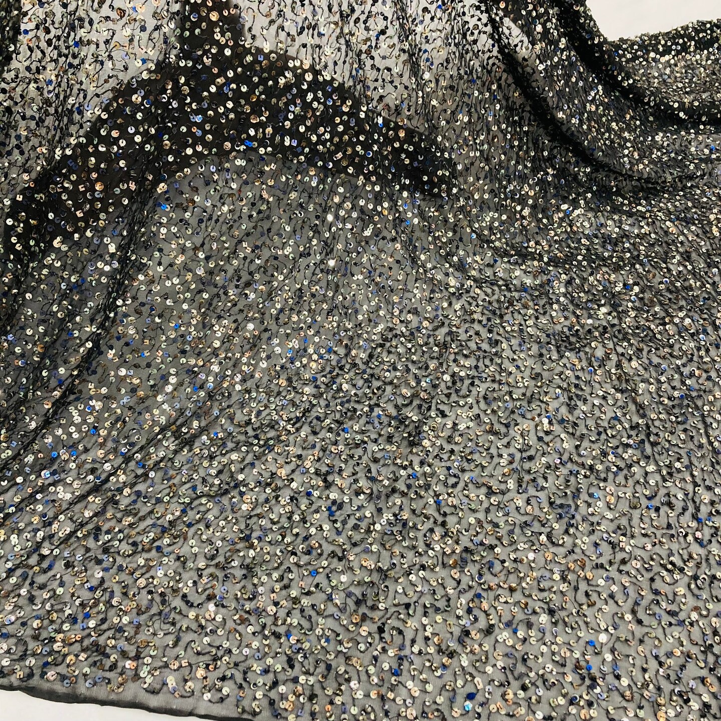 1 Yard Black Sequined Lace Fabric on Chiffon 54" Wide 100% Polyester Heavyweight Bridal & Formal Material
