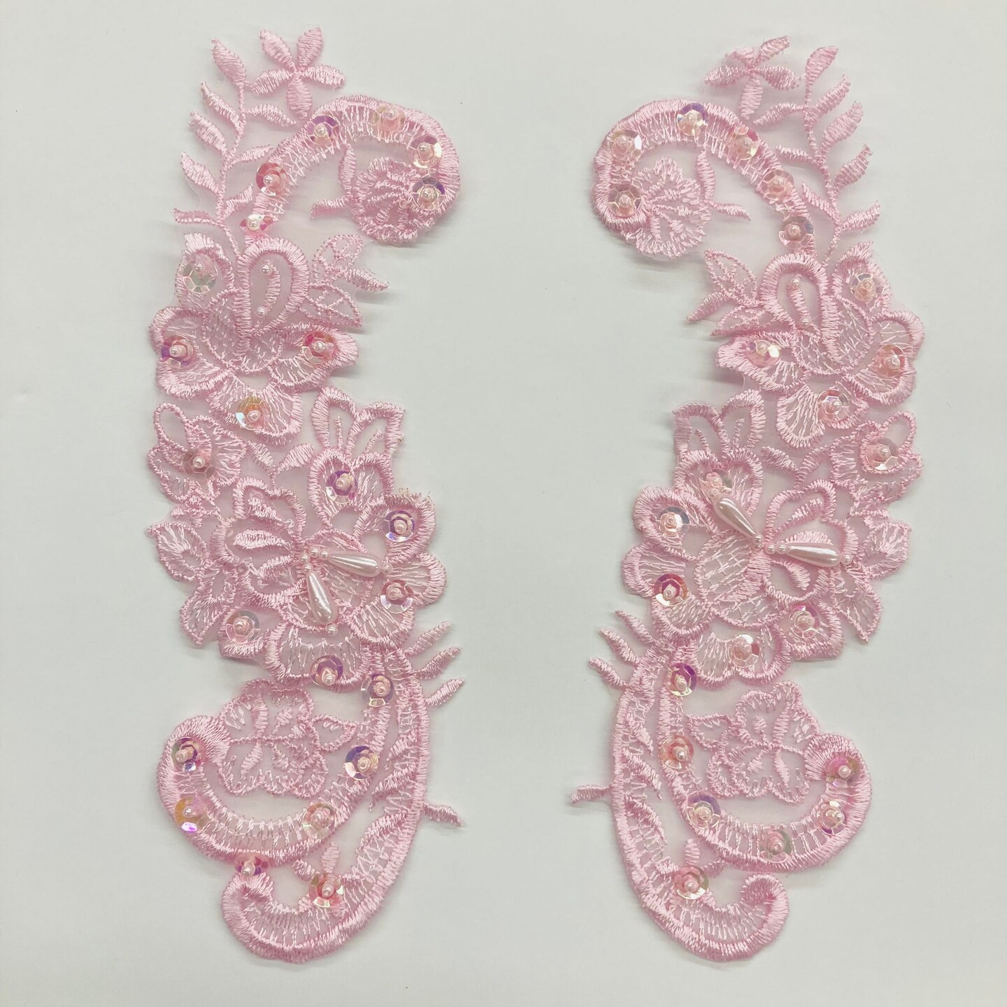 1 Pair Beaded Lace Applique Embroidered on 100% Polyester Organza 9" x 3" Each Side