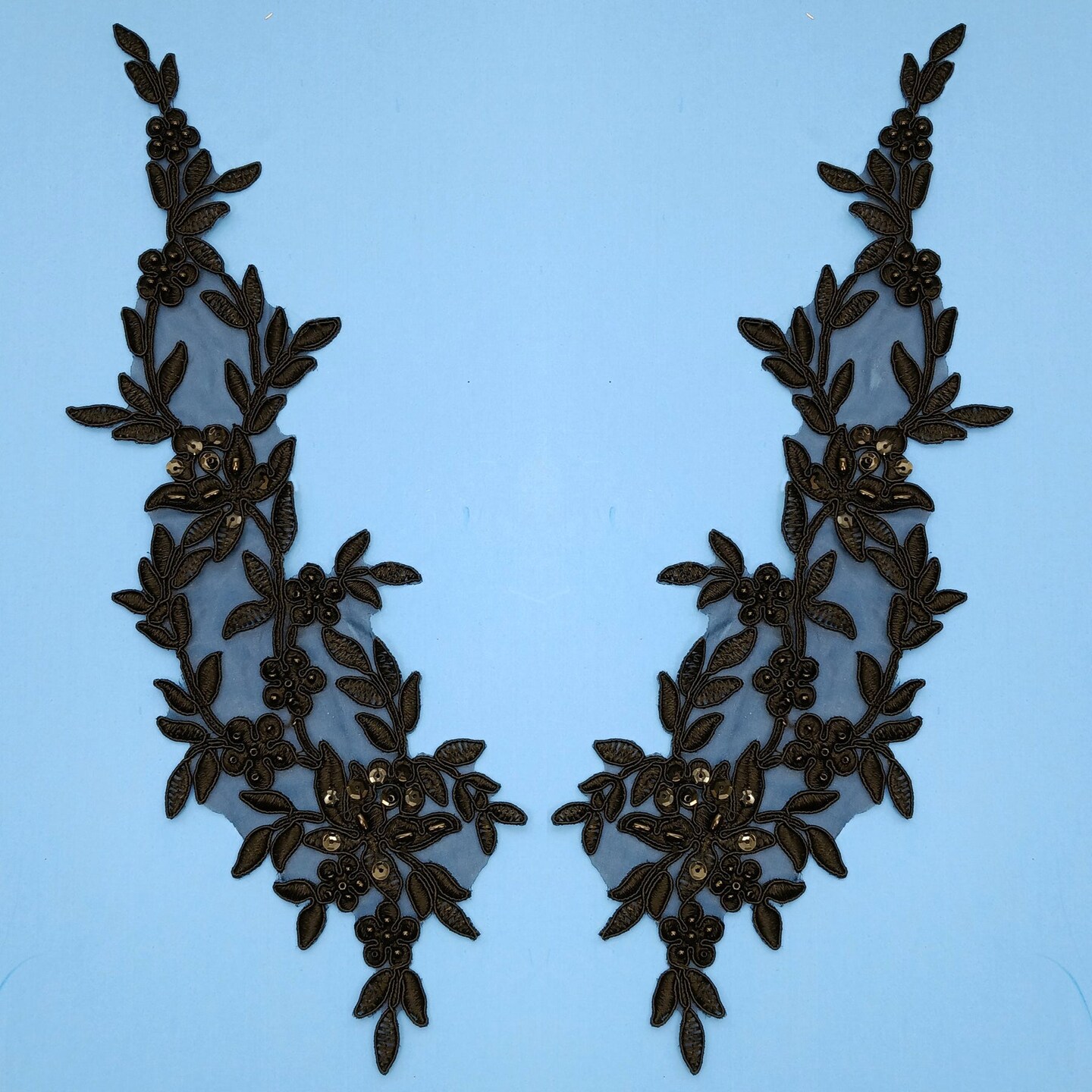 1 Pair Beaded &#x26; Corded Floral Lace Applique Embroidered on 100% Polyester Organza 13&#x22; x 4&#x22; Each Side