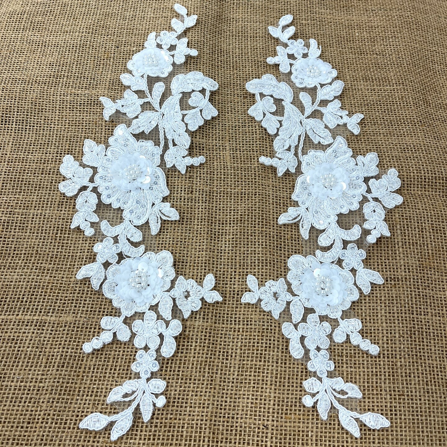 1 Pair Beaded &#x26; Corded Floral 3D Lace Applique Embroidered on 100% Polyester Net Mesh, 14&#x22; X 3 &#x22; Wide Each Side