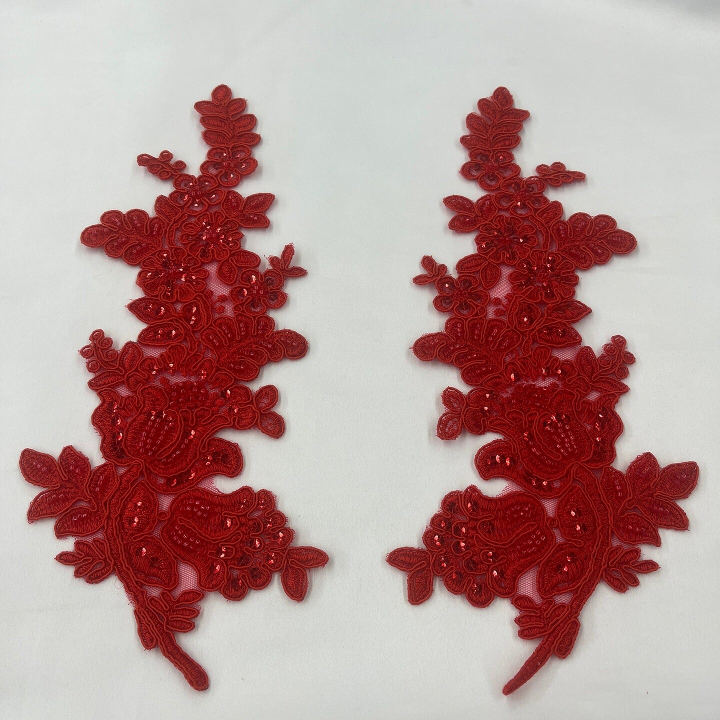 1 Pair Beaded & Corded Floral Lace Applique 100% Polyester Net Mesh 12" X 3.5" Each Side