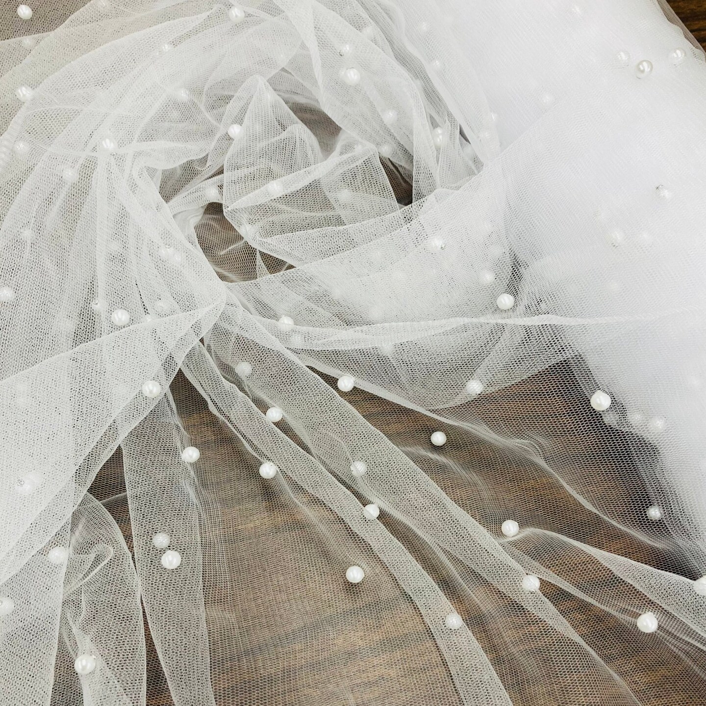 1 Yard 2-Way Stretch Net Mesh Fabric with Scattered Pearls 60" Wide Soft Tulle for Gowns, Veils, and Special Occasion Wear