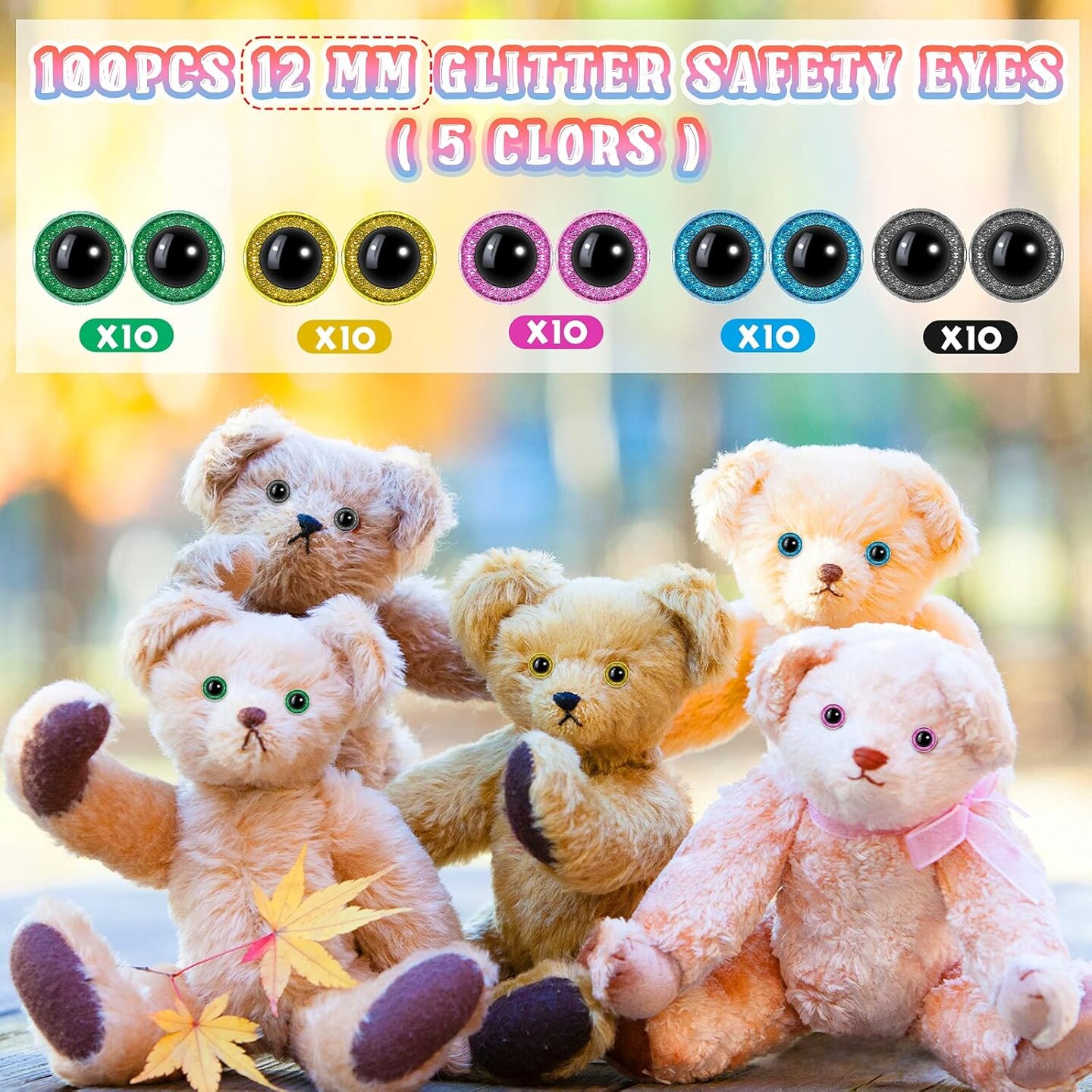 100 Pieces Large Safety Eyes (12mm,Brown, Purple, Green, Yellow)