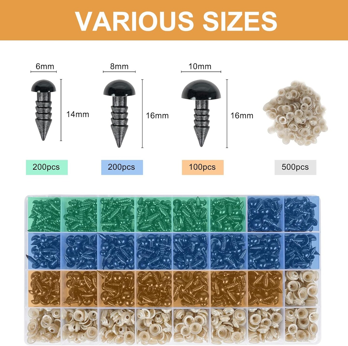 1000-Piece Black Plastic Safety Eyes with Washers – 6mm, 8mm & 10mm for Amigurumi, Crochet Dolls, Plush Toys & DIY Crafts