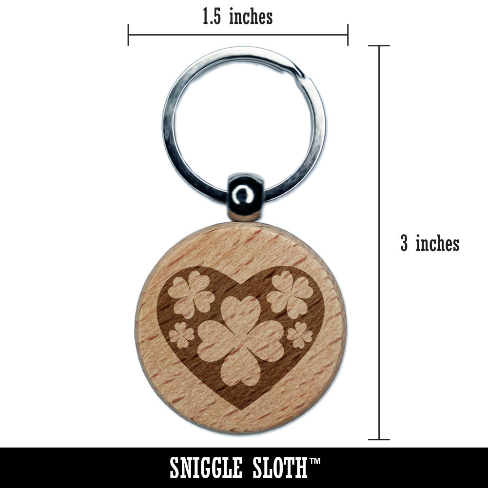 Clover Shamrock Heart Saint Patricks Day Engraved Wood Round Keychain Tag Charm