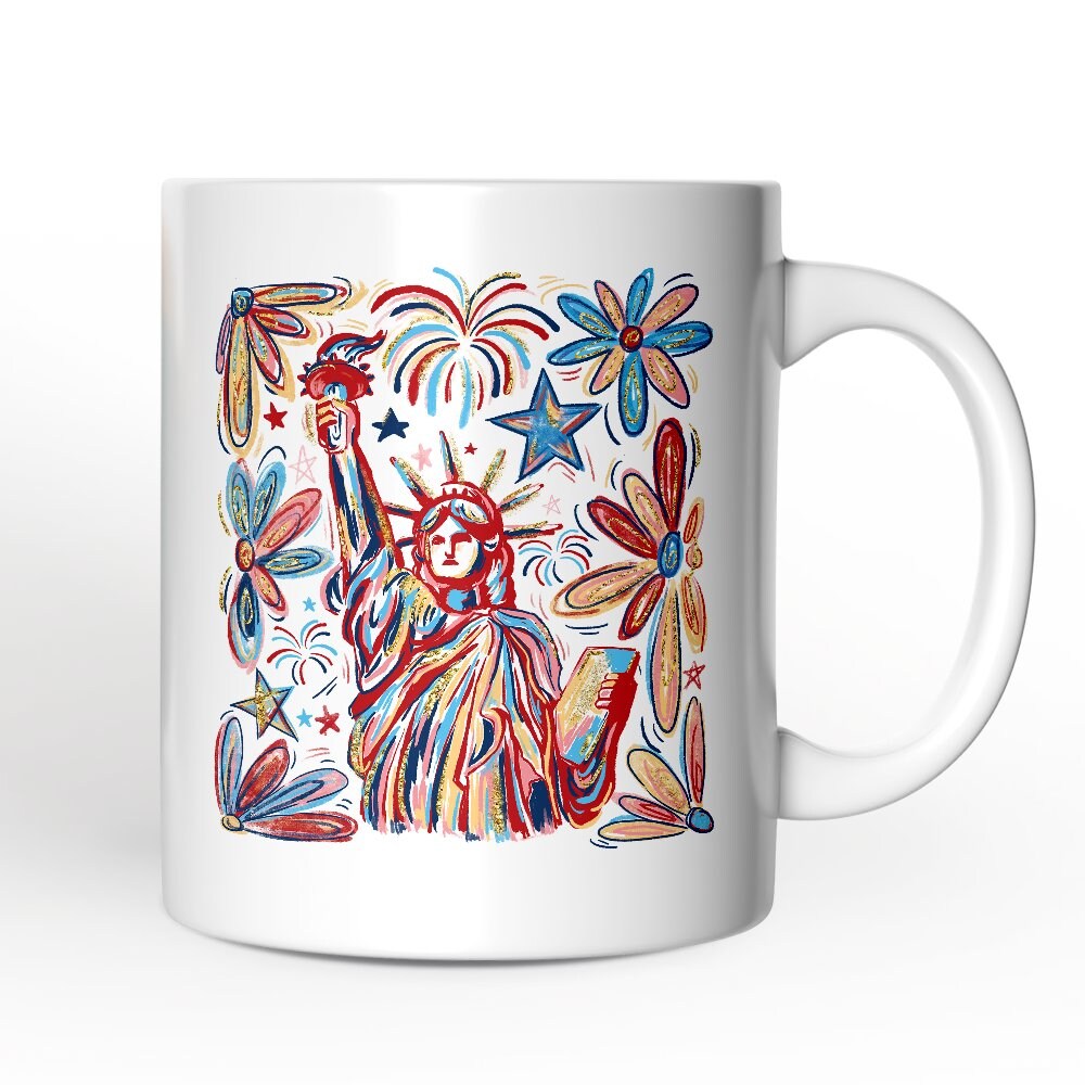 Patriotic Statue of Liberty and Fireworks Mug, Festive 4th of July Gift