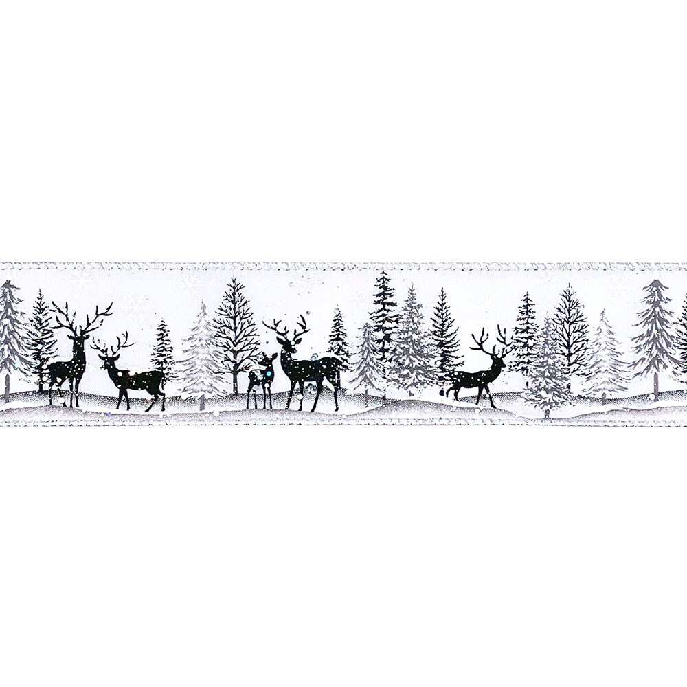 Designer&#x2019;s Shop WR 63-5206 Winter Forest Reindeer Wired Edge Ribbon &#x2013; 2.5&#x22; x 10 Yards &#x2013; Snowy Deer Scene on White &#x2013; Christmas Craft, Wreath &#x26; Gift Wrapping Decoration