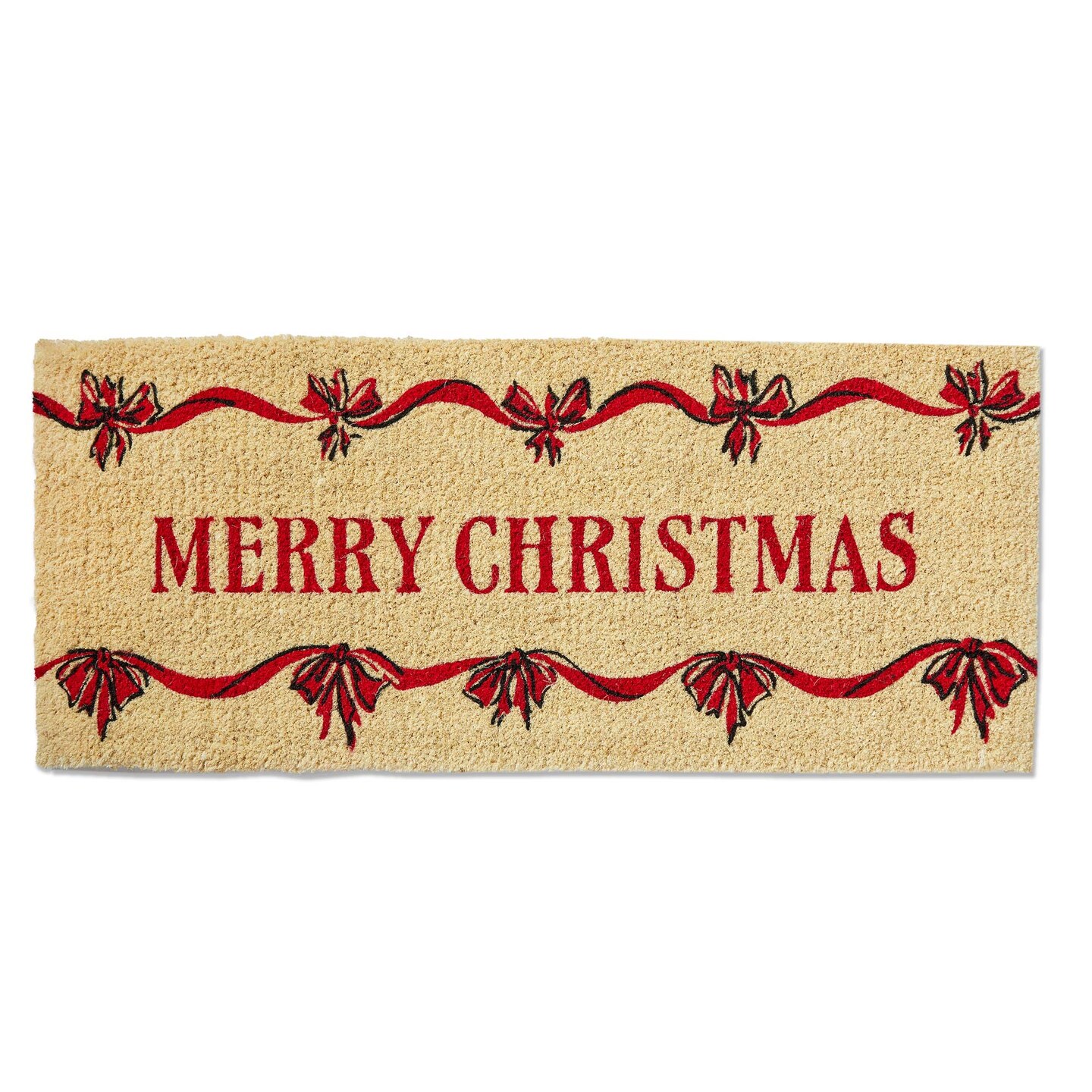 Merry Christmas Bows Coir Door Mat 40x17 Natural Doormat Red Holiday Decor Easy Clean