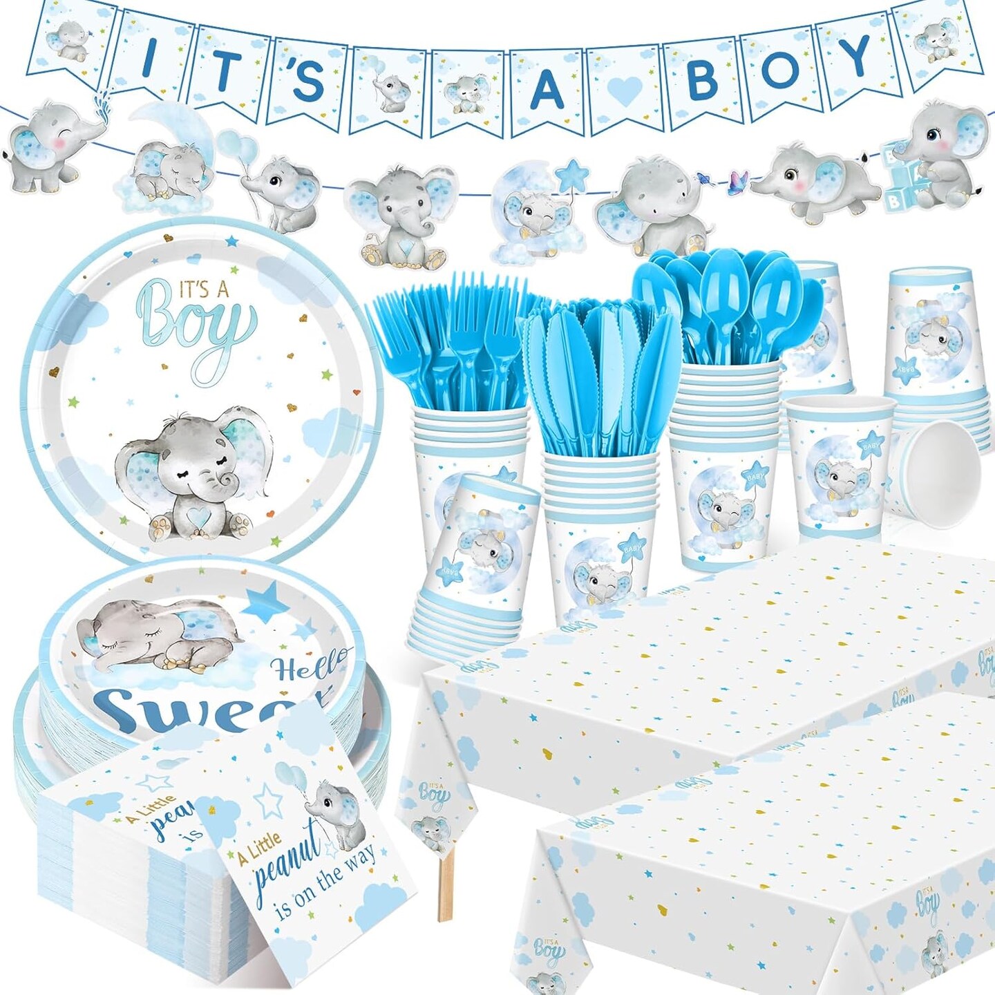 405 Pcs Baby Shower Tableware & Decor Set - Serves 50 Guests (Blue, Elephant)