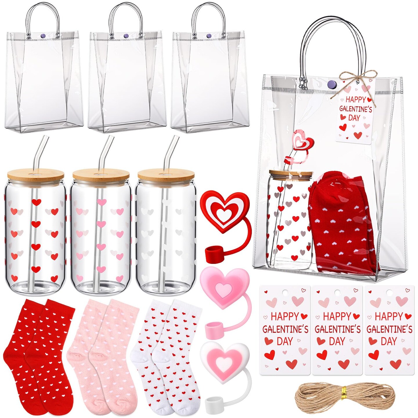 3 Set Happy Galentine's Day Gifts Set for Best Friend Include 16oz Coffee Cups with Straw Stoppers Heart Socks Gift Bags Galentine's Day Tags with Hemp Rope for Bestie Valentines Gifts