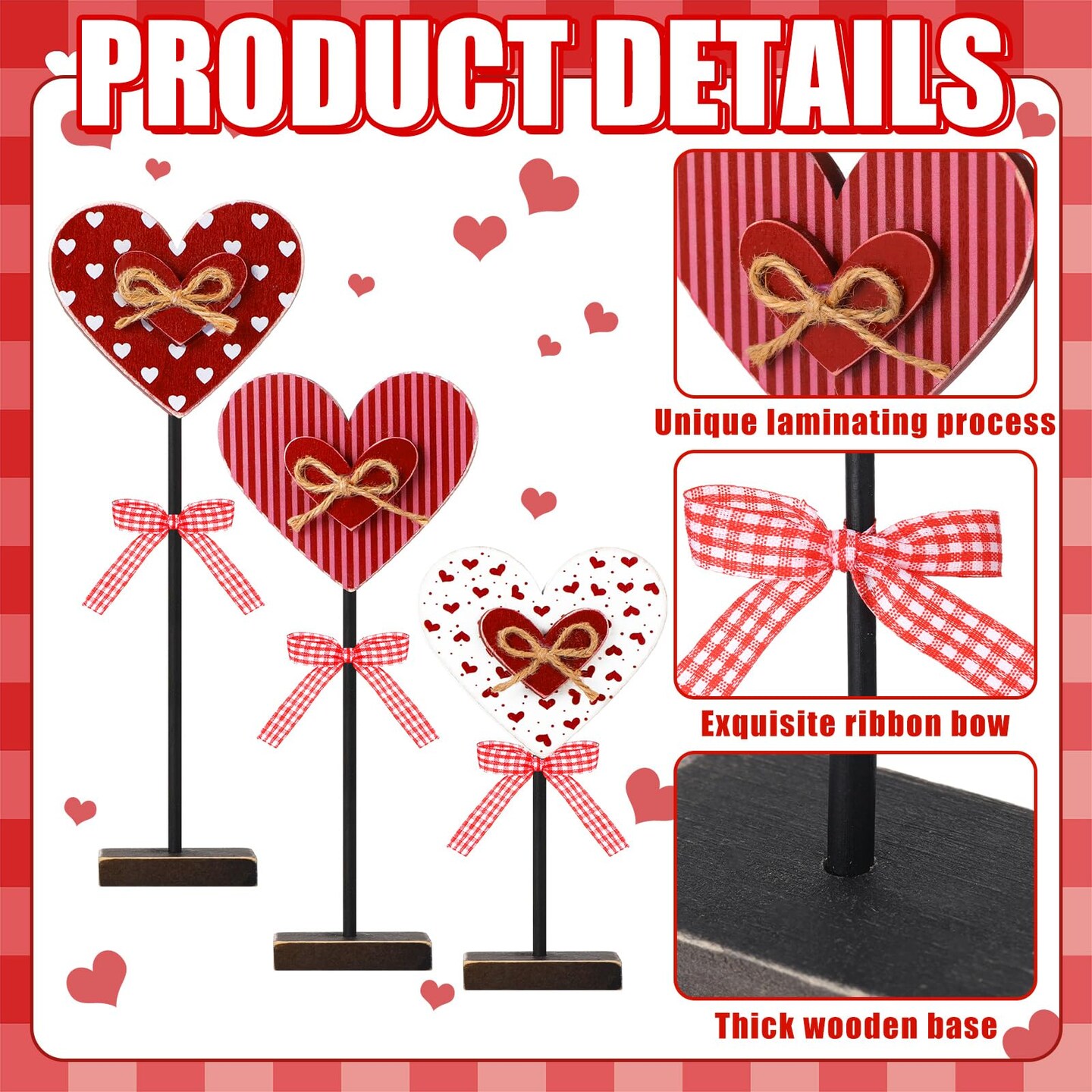 3 Pcs Valentine's Day Decoration Heart Wooden Sign Standing Block Love Christian Tables Centerpieces Valentines Decoration Double Printed Table Sign for Wedding Party Favor Supplies(Classic)