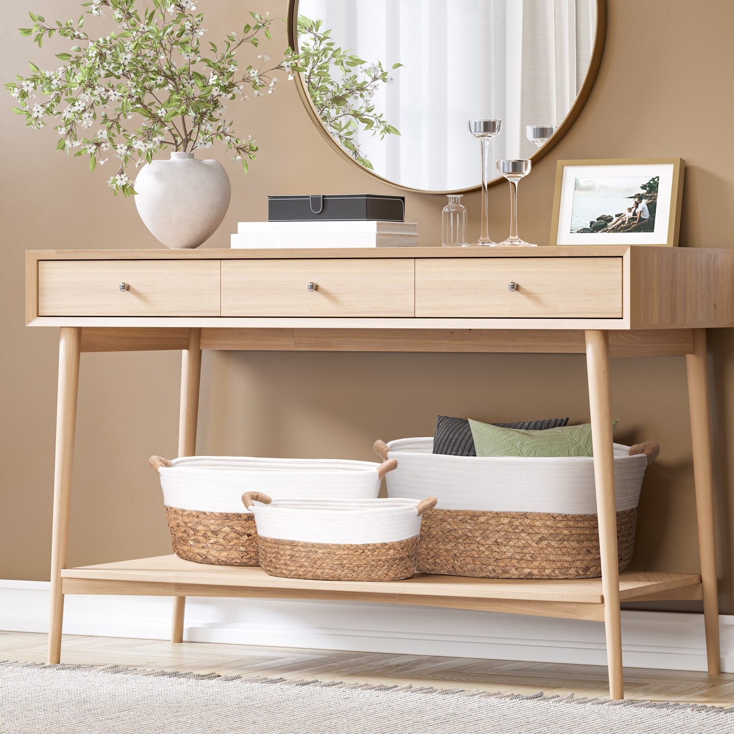 Seville Classics 3-Piece Natural Water Hyacinth and Rope Handwoven Basket Set